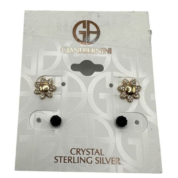 Gianni Bernini Set Earrings in 18k Gold-Plated Sterling Silver Flower Black NWT - Picture 5 of 7